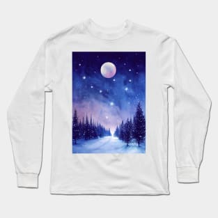 Winter landscape with pink moon - watercolor Long Sleeve T-Shirt